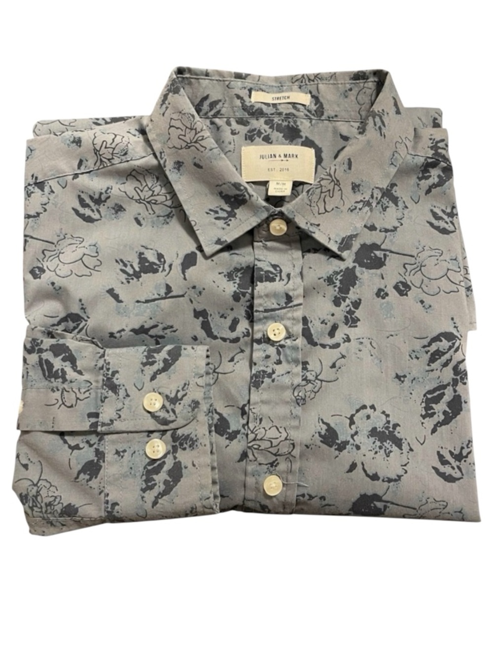 Julian & Mark Gray/Blue/Black Floral Slim Fit Stretch Button Up Shirt (M)